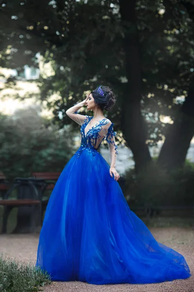 Güzel Esmer Kadınla Parkta Duran Dantel Elbise Mavi Taç — Stok fotoğraf