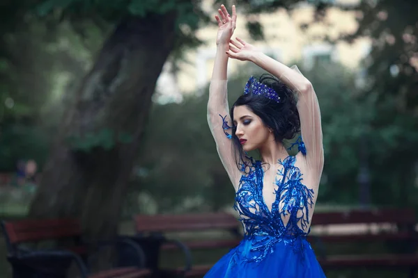 Retrato Bela Mulher Morena Com Coroa Azul Vestido Renda — Fotografia de Stock
