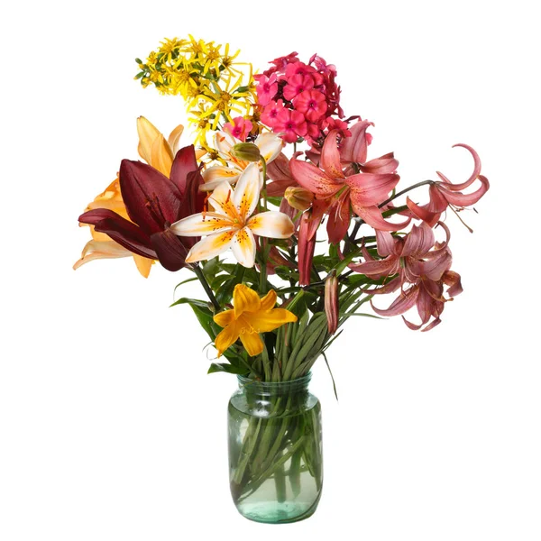 Multicolored bouquet of lilies and other garden flowers isolated on white background.