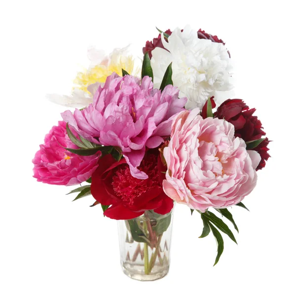 Bouquet Multicolored Peonies Vase Isolated White Background — Stock Photo, Image