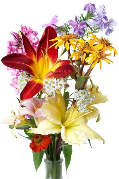 Bright bouquet of garden flowers isolated on white background.