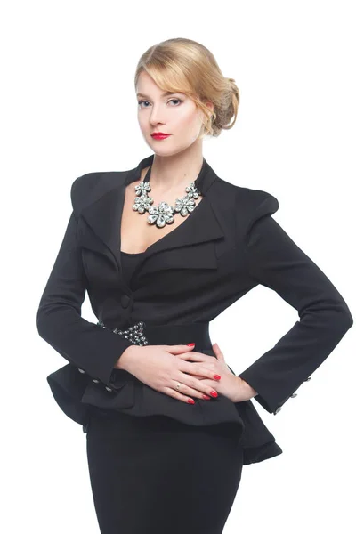 Geschäftsfrau Schwarzen Eleganten Anzug Isoliert Auf Weißem Hintergrund — Stockfoto