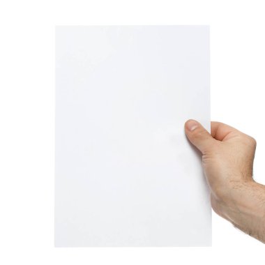 Male hand holds blank paper isolated on white background.