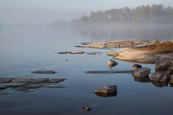 Ochtend Mistig Landschap Aan Het Meer Valaam Karelië Rusland — Stockfoto