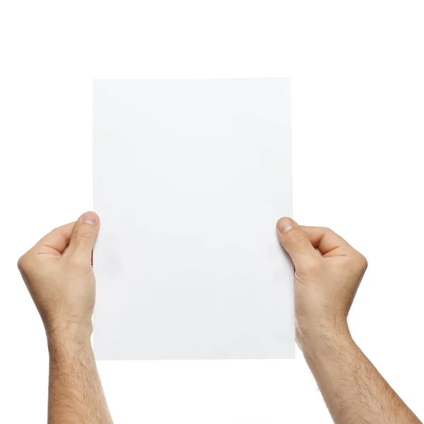 两只手拿着空白纸 用白色背景隔开 — 图库照片