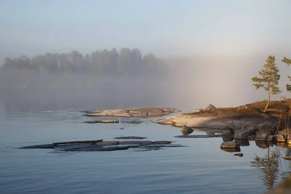 Ochtend Mistig Landschap Aan Het Meer Valaam Karelië Rusland — Stockfoto