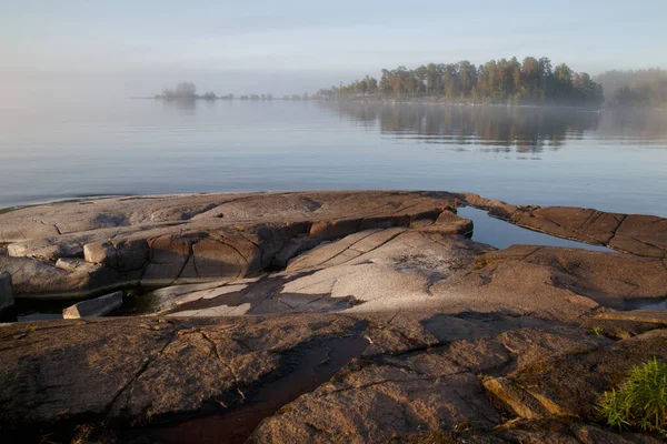 Ochtend Mistig Landschap Aan Het Meer Valaam Karelië Rusland — Stockfoto