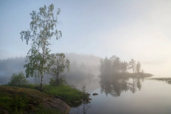 Foggy Ochtend Landschap Het Meer Valaam Island Karelië Rusland — Stockfoto