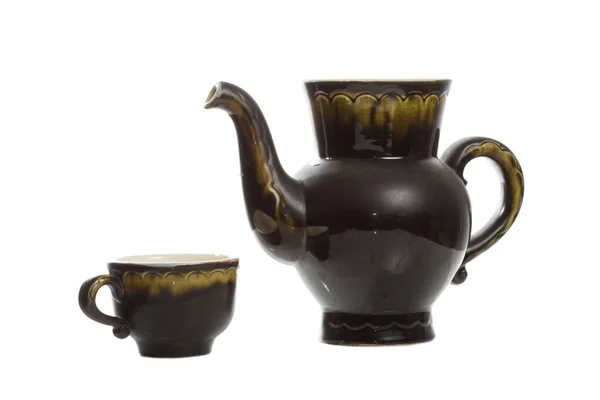 陶瓷茶壶和杯子 白色背景隔离 — 图库照片