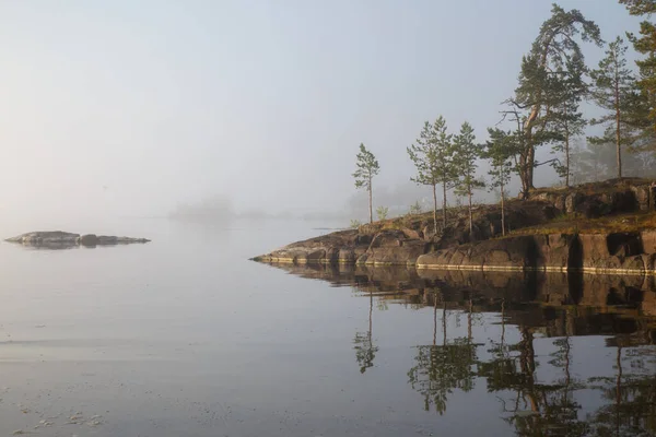 Foggy Morgon Landskap Sjön Valaam Island Karelen Ryssland — Stockfoto