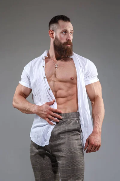 Elegante Muscular Branco Masculino Topless Isolado Fundo Branco — Fotografia de Stock