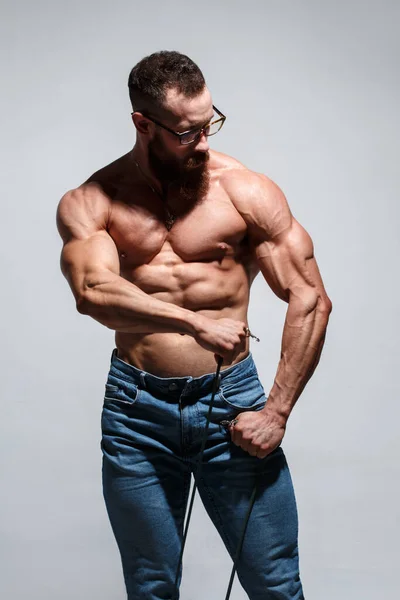 Muscular Young Man Beard Glasses Naked Torso Isolated Gray Background — Stock Photo, Image