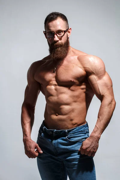 Muscular Young Man Beard Glasses Naked Torso Isolated Gray Background — Stock Photo, Image