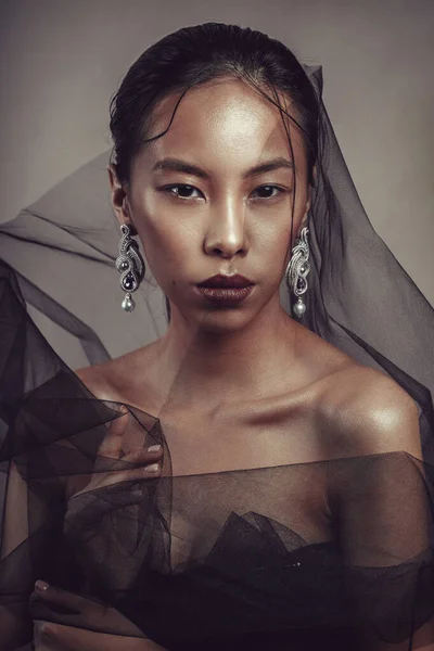 Beauty Portrait Beautiful Asian Girl Black Transparent Fabric — Stock Photo, Image