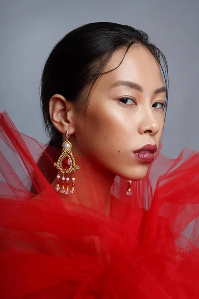 Beauty Portrait Beautiful Asian Girl Red Isolated Gray Background — Stock Photo, Image