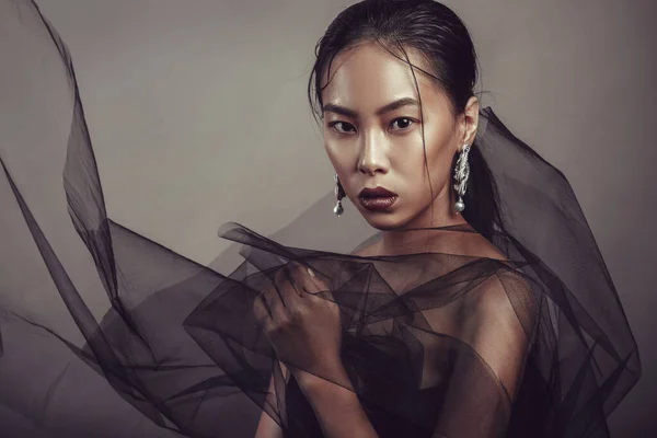 Beauty Portrait Beautiful Asian Girl Black Transparent Fabric — Stock Photo, Image