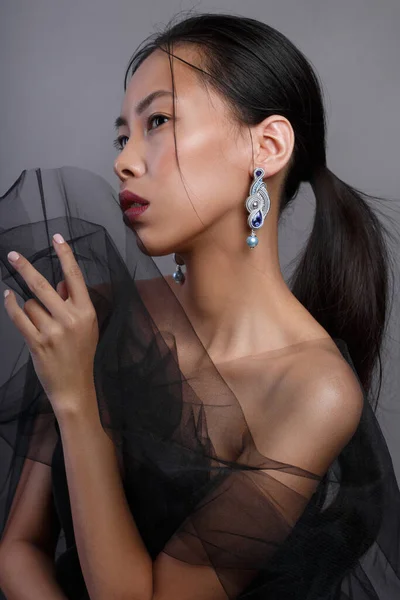 Beauty Portrait Beautiful Asian Girl Black Transparent Fabric — Stock Photo, Image