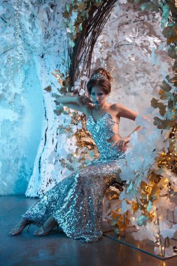 Kar Kraliçesi 'nin mistik görüntüsünde yaratıcı makyajlı güzel bir kadının portresi..