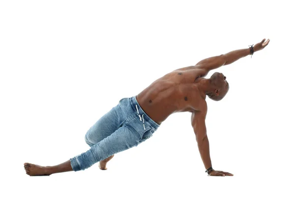 Athletic Young Black Man Jeans Nude Torso Dancing Isolated White — Stock Photo, Image