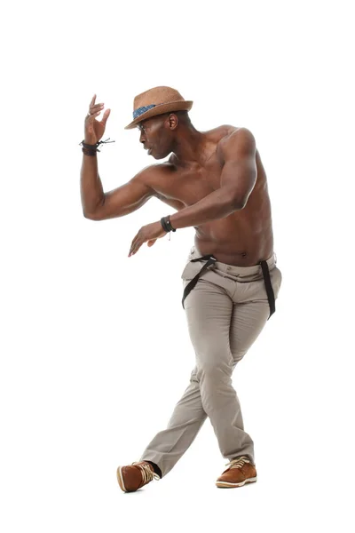 Snygg Elegant Svart Man Dansare Isolerad Vit Bakgrund — Stockfoto