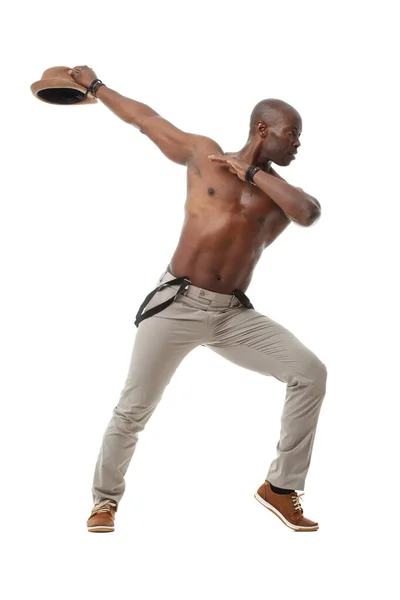 Stijlvolle Elegante Zwarte Mannelijke Danser Geïsoleerd Witte Achtergrond — Stockfoto