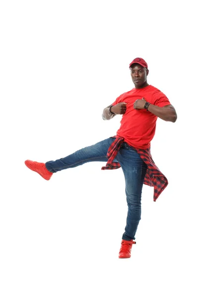 Junger Schwarzer Stylischer Typ Rotem Tanzendem Hip Hop — Stockfoto