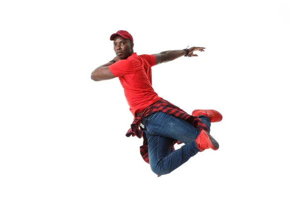 Junge Schwarze Stylische Kerl Rot Einem Sprung Isoliert Auf Weißem — Stockfoto