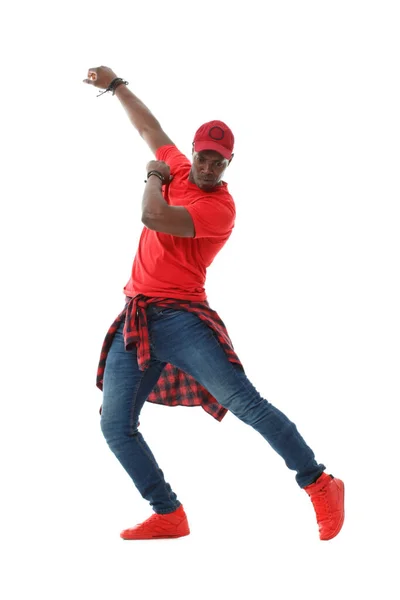 Joven Negro Elegante Chico Rojo Está Bailando Sobre Fondo Blanco —  Fotos de Stock
