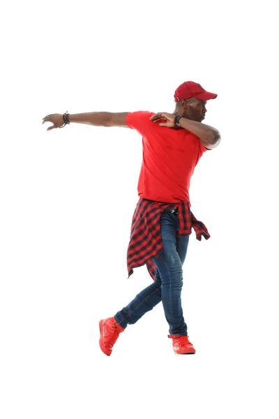 Joven Negro Elegante Chico Rojo Está Bailando Sobre Fondo Blanco — Foto de Stock
