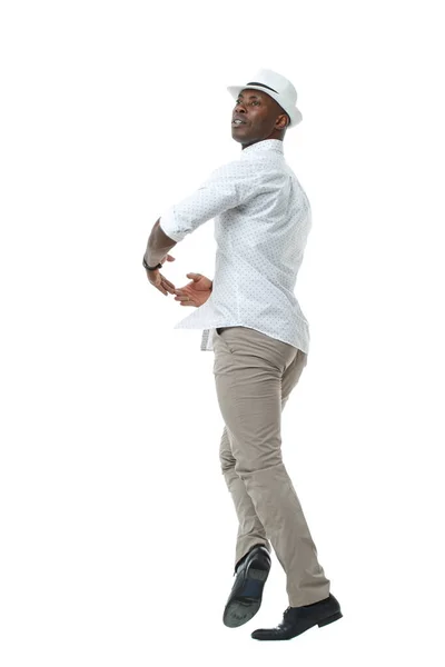 Elegante Zwarte Man Heldere Kleren Een Hoed Danst Geïsoleerd Een — Stockfoto