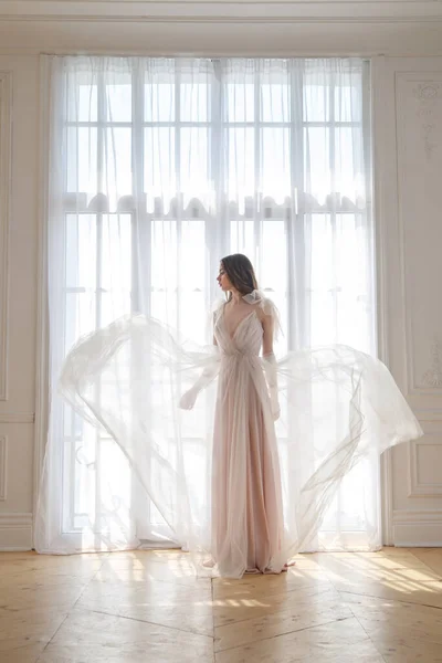 Λεπτή Σιλουέτα Μιας Λεπτής Νύφης Ένα Ρέον Φόρεμα Στο Φόντο — Φωτογραφία Αρχείου