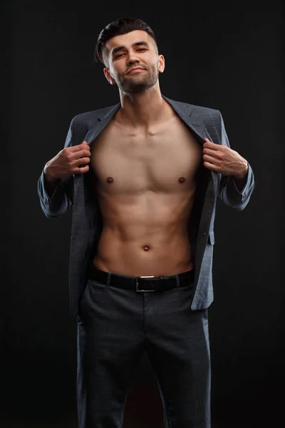 Young Sexy Man Takes His Jacket Worn His Naked Body — Stock Photo, Image