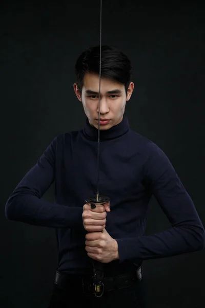 Young Asian Man Katana His Hands Dark Background — Stock Photo, Image