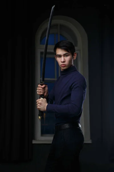 Young Asian Man Sword His Hands Dark Room — Stock Photo, Image