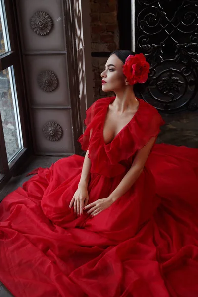 Retrato Uma Linda Menina Morena Vestido Vermelho Com Uma Flor — Fotografia de Stock