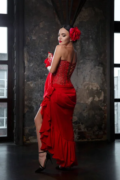 Portrait Sultry Brunette Woman Long Red Dress Deep Neckline Red — Stock Photo, Image