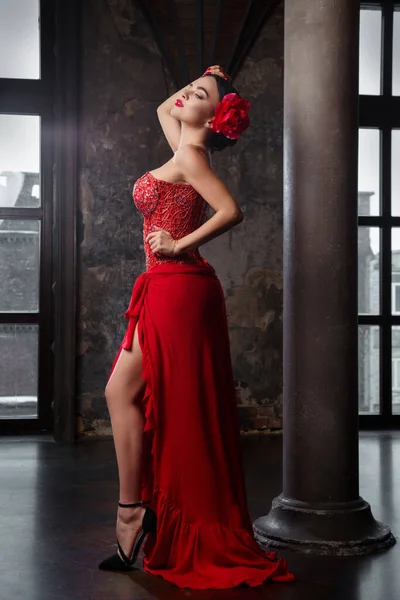 Portrait Une Femme Brune Sensuelle Dans Une Longue Robe Rouge — Photo