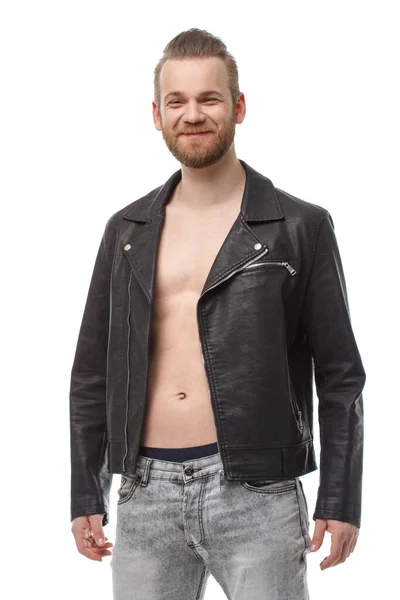 Laughing Bearded Man Unbuttoned Leather Jacket Naked Body Isolated White — Stock Photo, Image