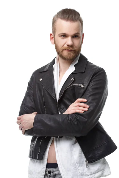 Portrait Handsome Bearded Man Leather Jacket Isolated White Background — Stock Photo, Image