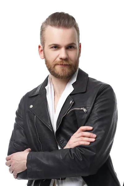 Portrait Handsome Bearded Man Leather Jacket Isolated White Background — Stock Photo, Image