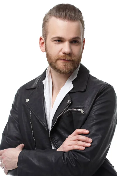 Portrait Handsome Bearded Man Leather Jacket Isolated White Background — Stock Photo, Image