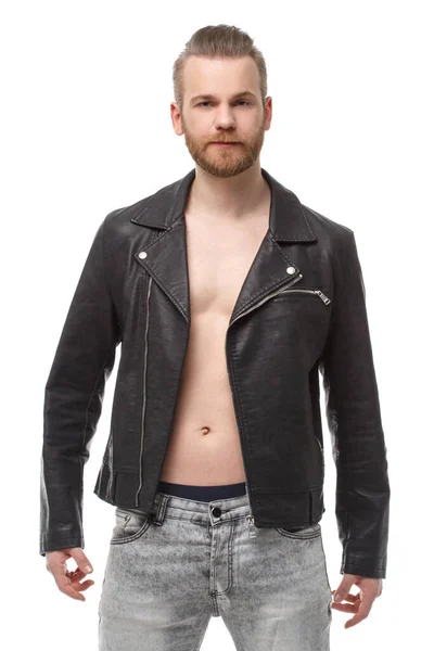 Charismatic Bearded Man Unbuttoned Leather Jacket Naked Body Isolated White — Stock Photo, Image