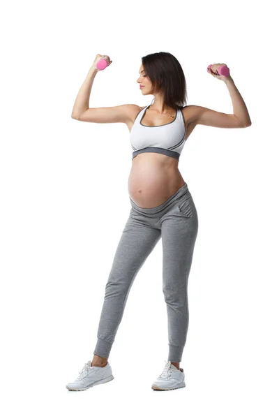 Slanke Atletische Zwangere Meisje Bezig Met Fitness Met Halters Staan — Stockfoto