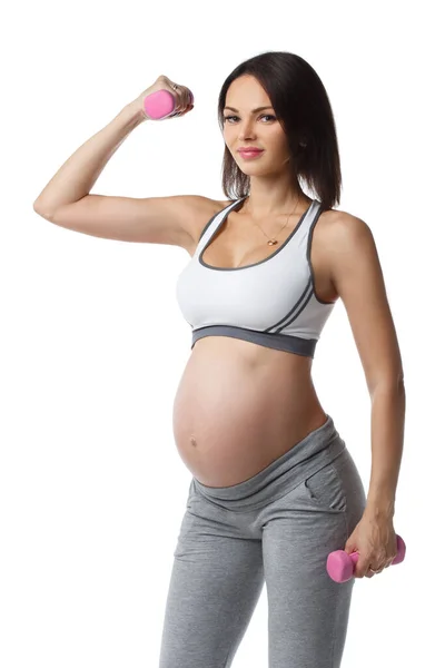 Chica Embarazada Atlética Delgada Dedica Aptitud Con Mancuernas Aisladas Sobre —  Fotos de Stock