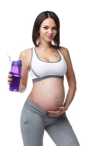 Slender Athletic Pregnant Girl Sportswear Drinks Water Isolated White Background — Stock Photo, Image