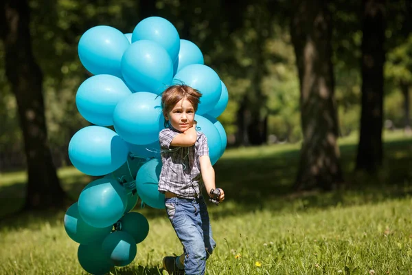 Little Boy Runs Park Huge Bunch Blue Balloons — Stock Photo, Image