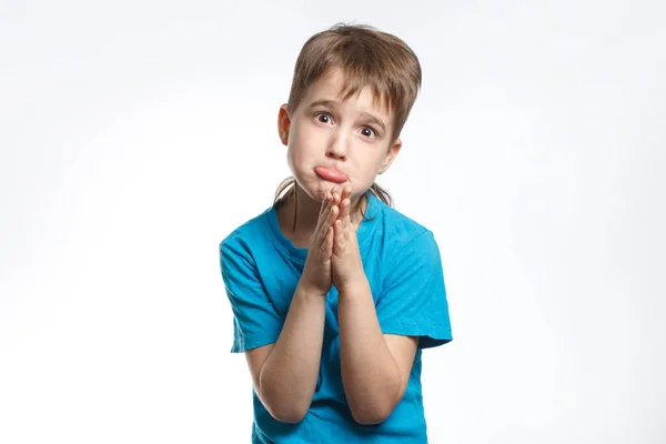 Little Very Emotional Boy Blue Clothes Laid His Palms Front — Stock Photo, Image