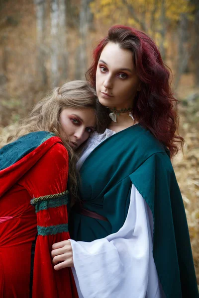 Deux Filles Robe Médiévale Dans Forêt Automne — Photo