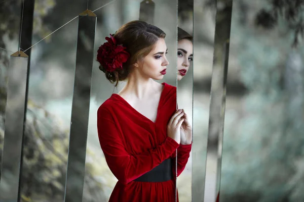 Mysterious Girl Long Red Dress Watch Mirrors Nature — Stock Photo, Image