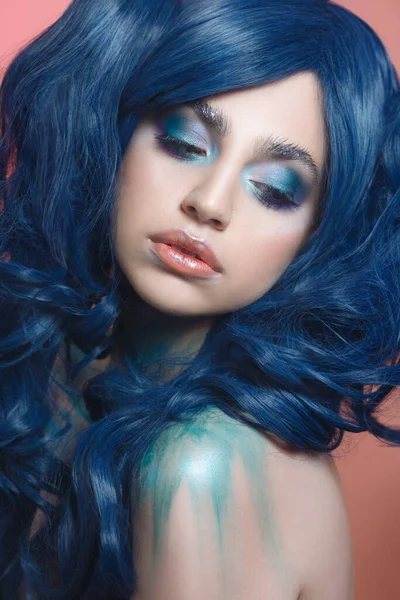 Fashion Beauty Portrait Beautiful Girl Bright Creative Make Blue Hair — Stock Photo, Image